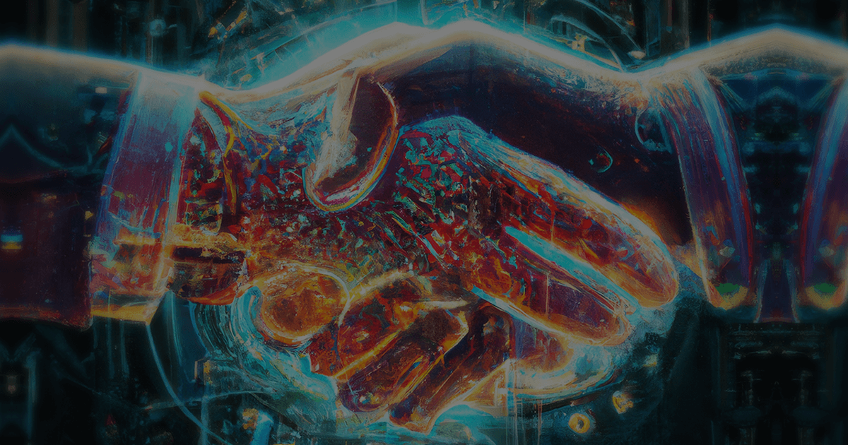An abstract digital artwork depicting what appears to be two hands in a handshake. The image is heavily stylized with vibrant colors and a dynamic, almost fluid-like texture. The background is dark with hints of structural outlines, suggesting an architectural or cybernetic context. The handshake, often a symbol of agreement or partnership, is at the center, with a halo of light emphasizing its significance. The overall effect is futuristic and transformative, aligning with themes of digital innovation and 