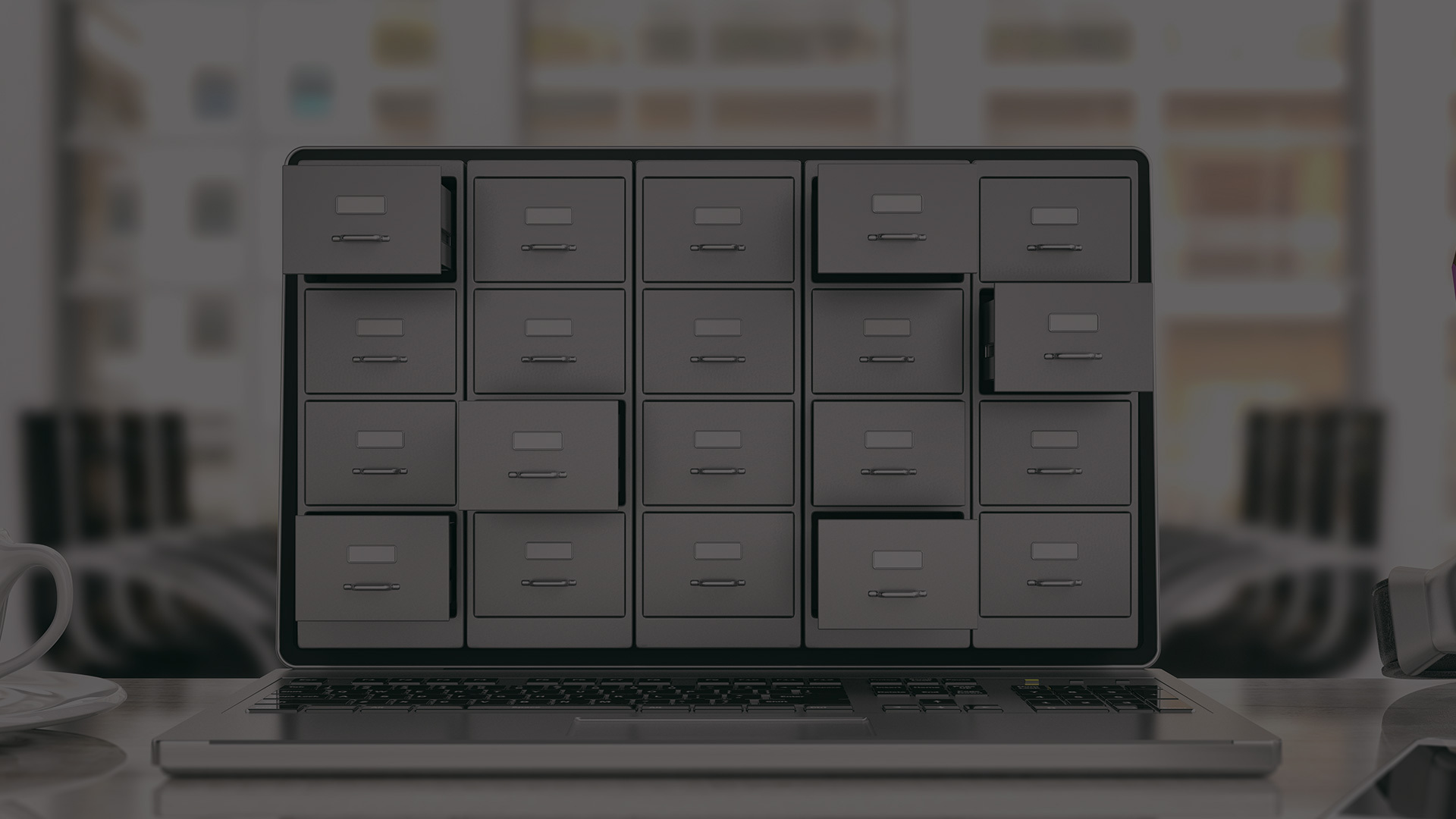 Laptop screen showing filing cabinets