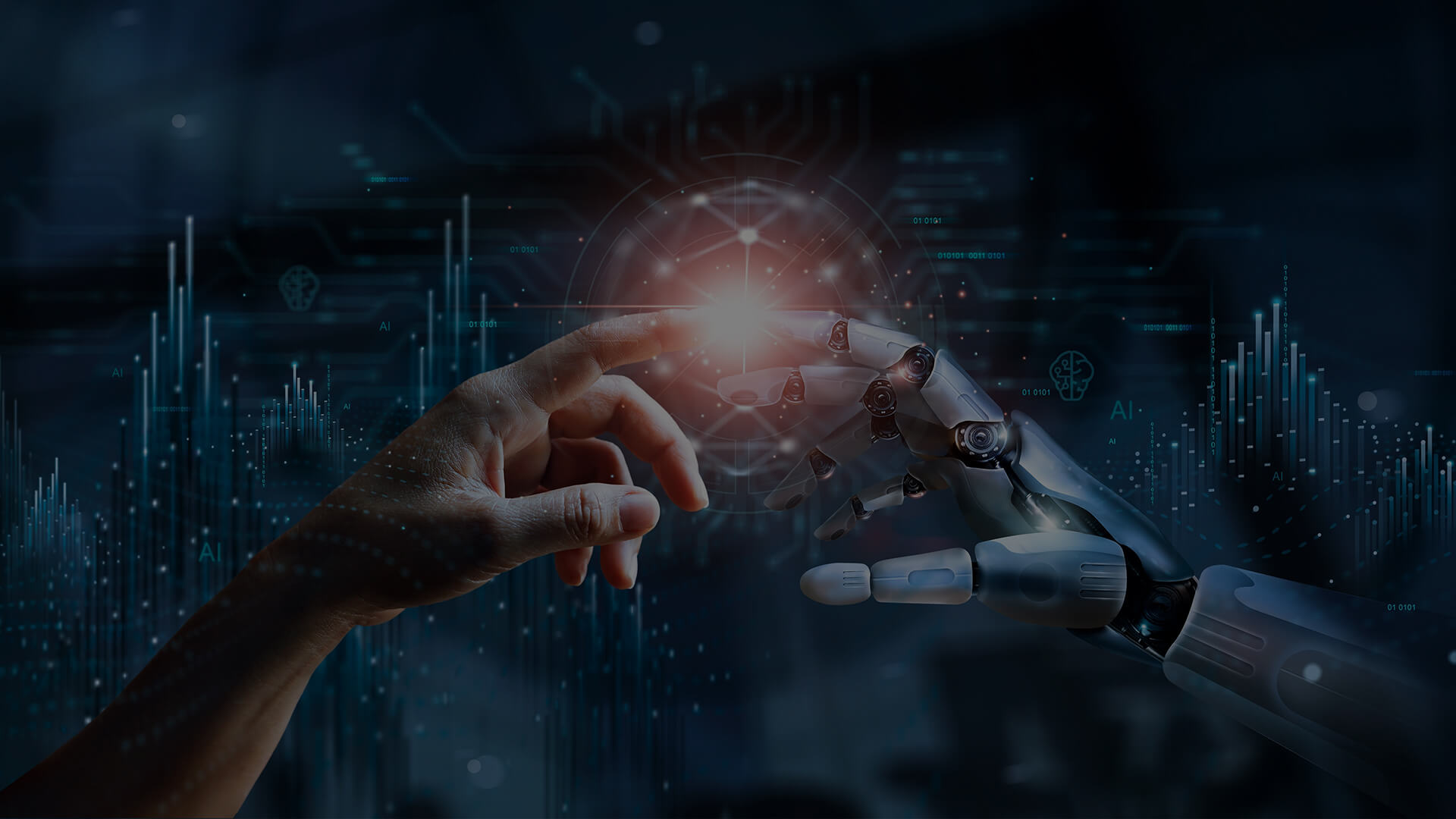 Integrating AI and ML in Your Liquidity Management Strategy Human index finger touching robot index finger and where their fingers touch, a light blooms