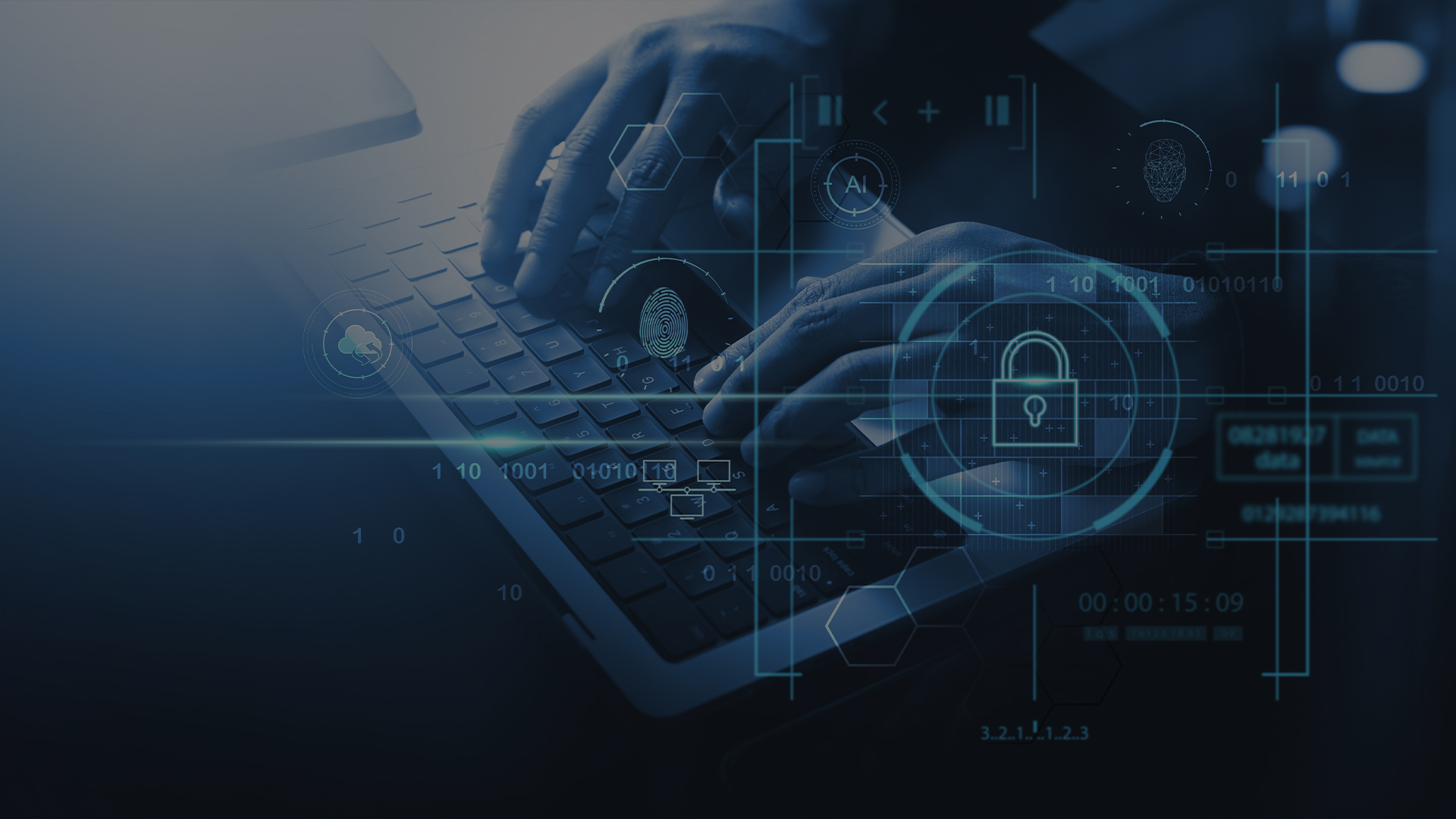 Master Data Management Strategy in the Age of Artificial Intelligence Image of person's hands typing on a keyboard with a blue layer on top and icons floating in front