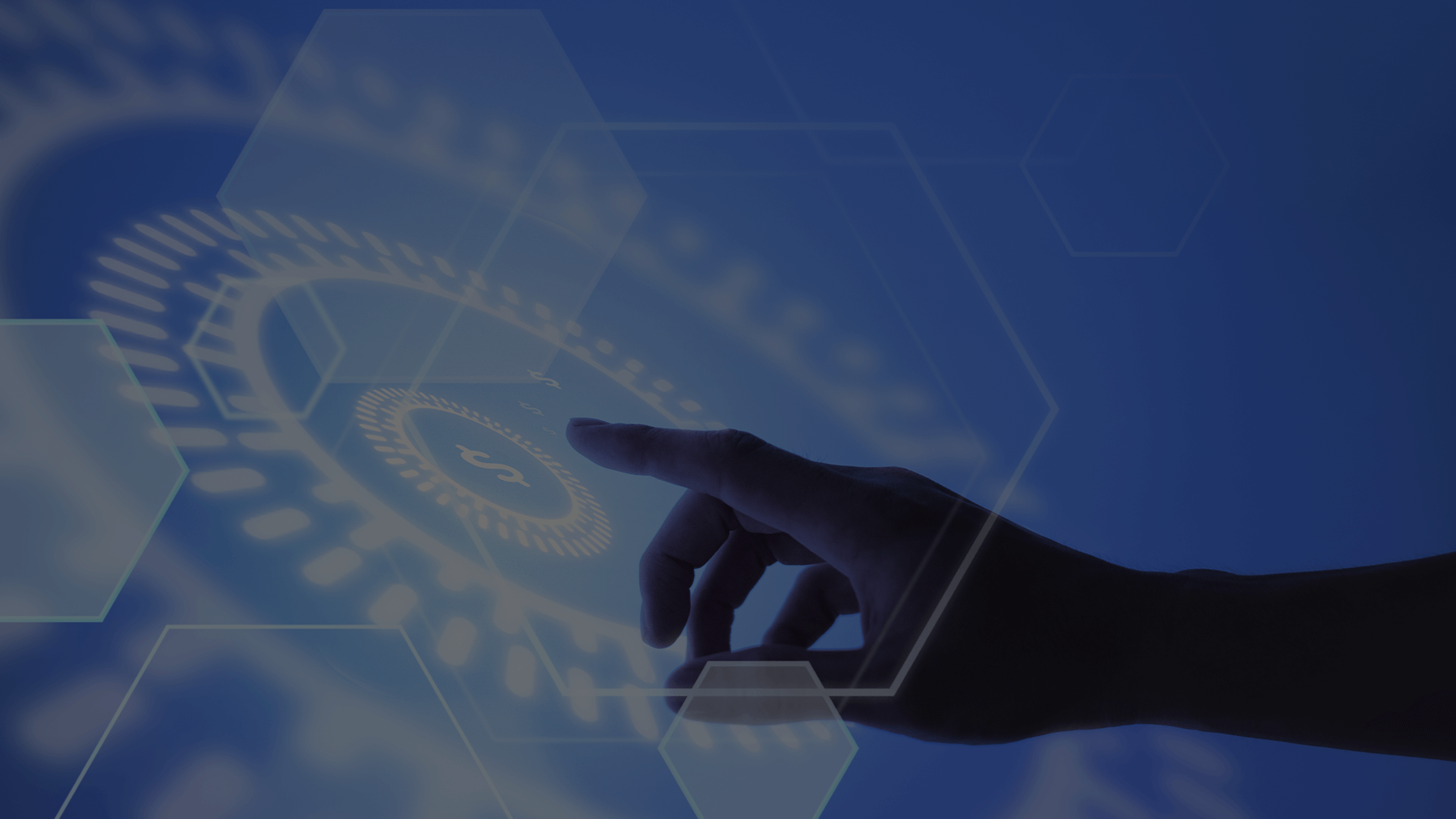 A silhouette of a hand pointing to a sophisticated digital interface with intricate patterns and financial symbols, emphasizing high-tech solutions in the automated cash application sector.
