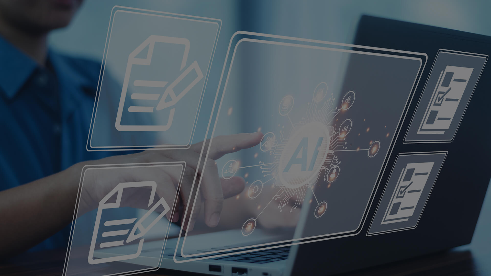A Short Guide to Hyperautomation A person interacting with a laptop displaying an AI-driven interface, showcasing how hyperautomation streamlines document management and task automation.