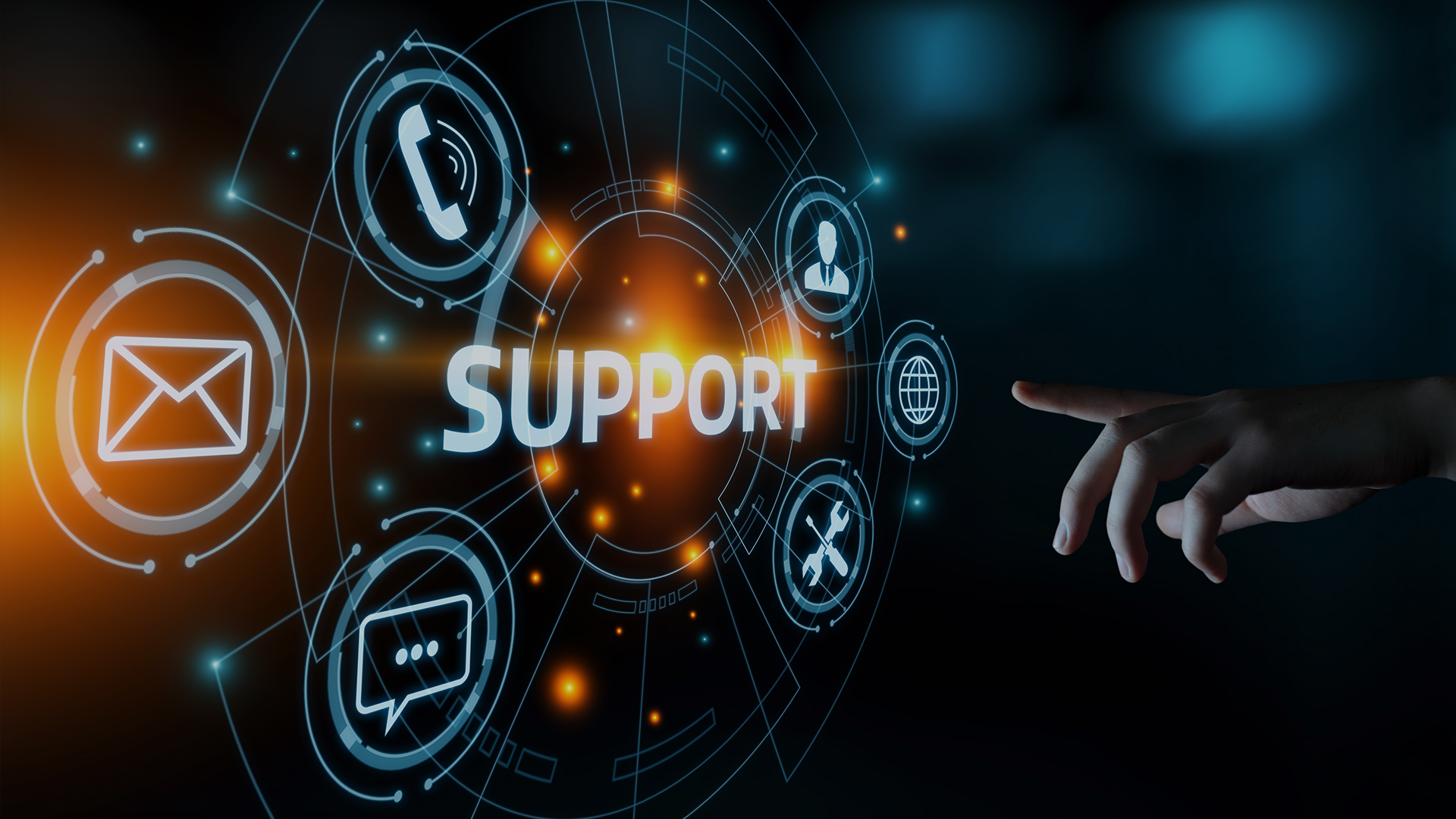 call center outsourcing | the word "support" floating in a holographic image with holographic icons around it while someone reaches out a finger to touch it