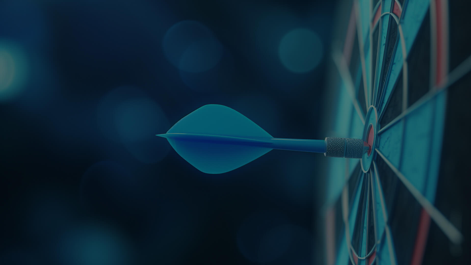 Wide-angle view of a dart in mid-flight aimed at the bullseye of a dartboard, with a blue and black color scheme, highlighting concepts of target achievement and precision.