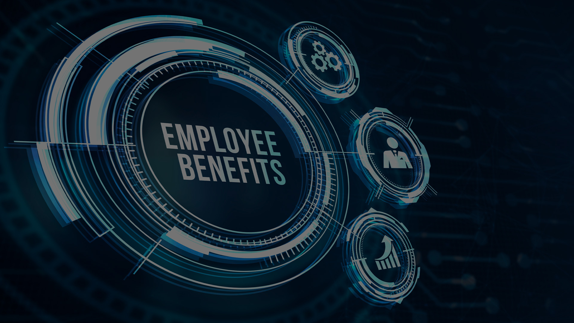 Screen with the words "Employee Benefits" on it and blue and white streaks circling it