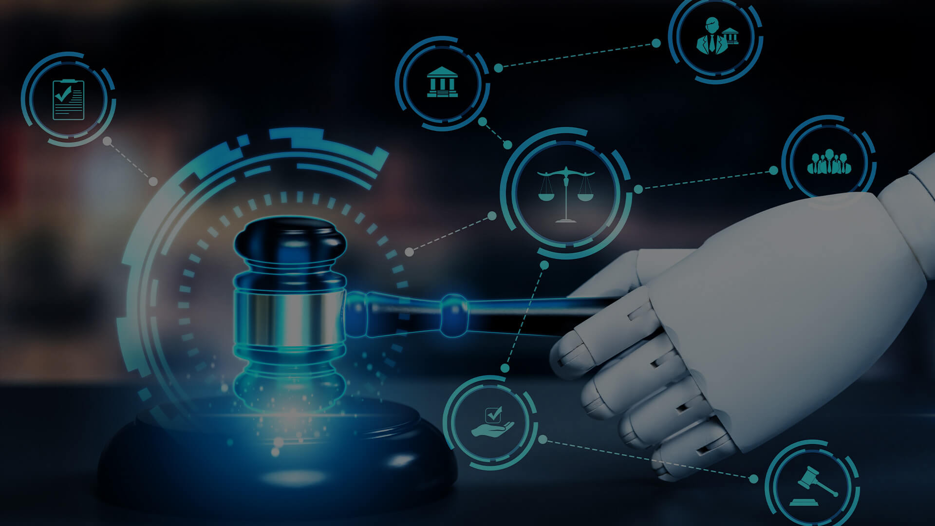 Legal AI Software: Streamlining Case Management and Monitoring A wide-format image showing a robotic hand operating a virtual interface related to law and justice. Various digital icons connected with lines represent different aspects of the legal system, such as the judiciary, public and social services, and legal documentation, emphasizing the impact of AI in legal practices