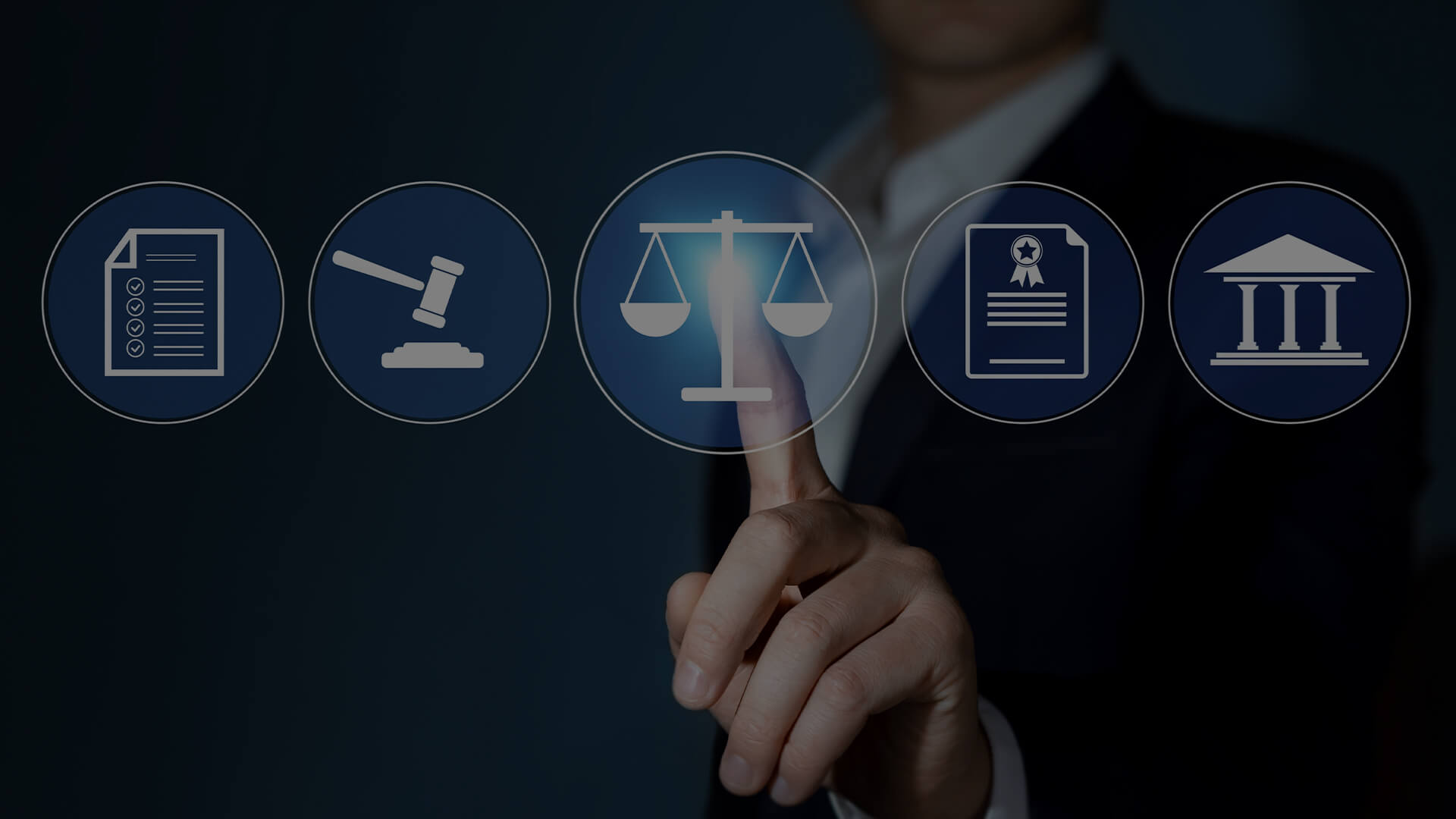 Top Benefits of Outsourcing Legal Document Review Services Man in suit clicks on a holographic icon of scales