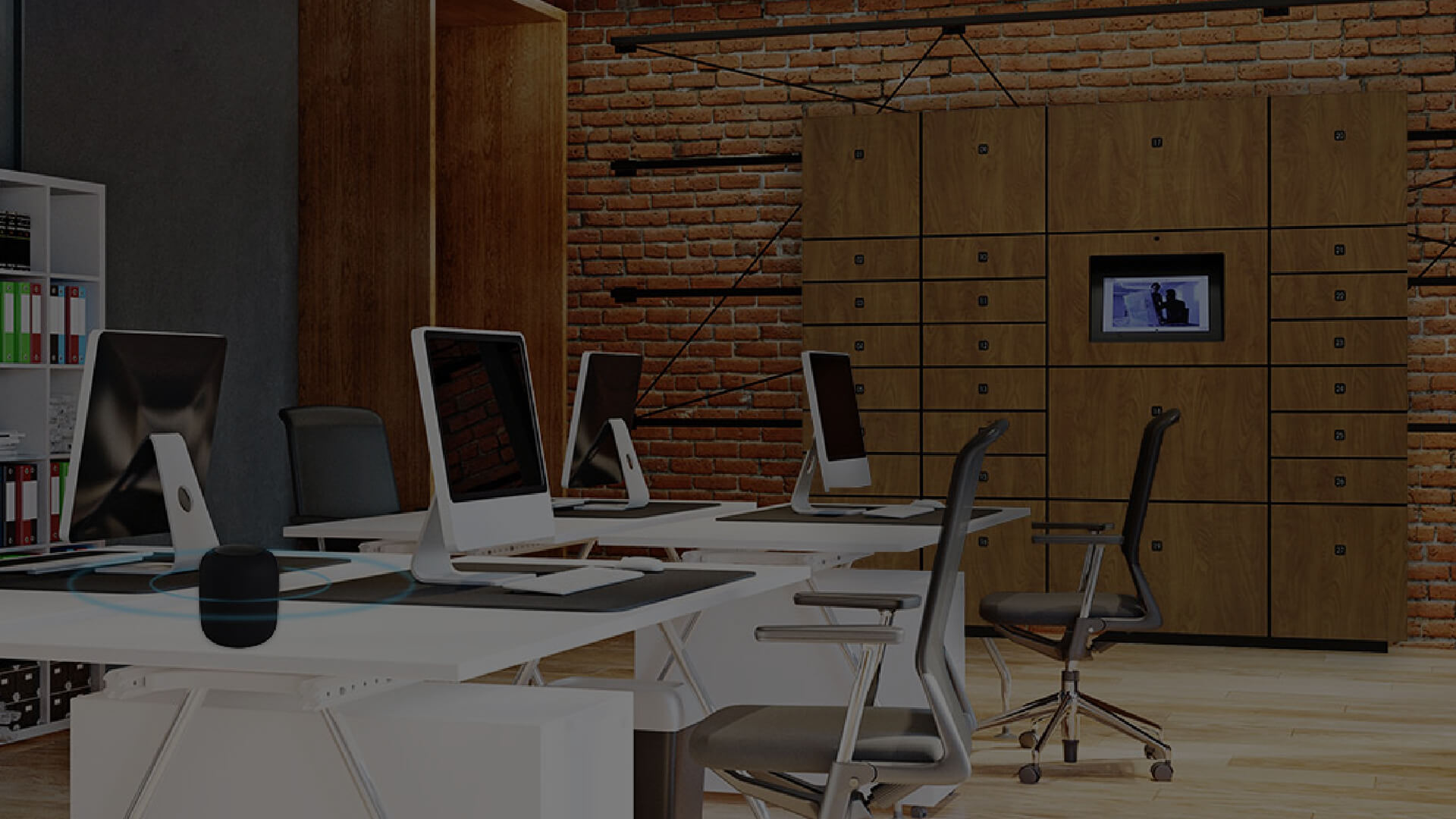Smart Lockers for Offices: Revolutionizing Workplace Storage Solutions Office equipped with smart lockers for efficient storage, featuring a wall of wooden lockers with an integrated digital display, in a modern office with brick walls and sleek white furniture.