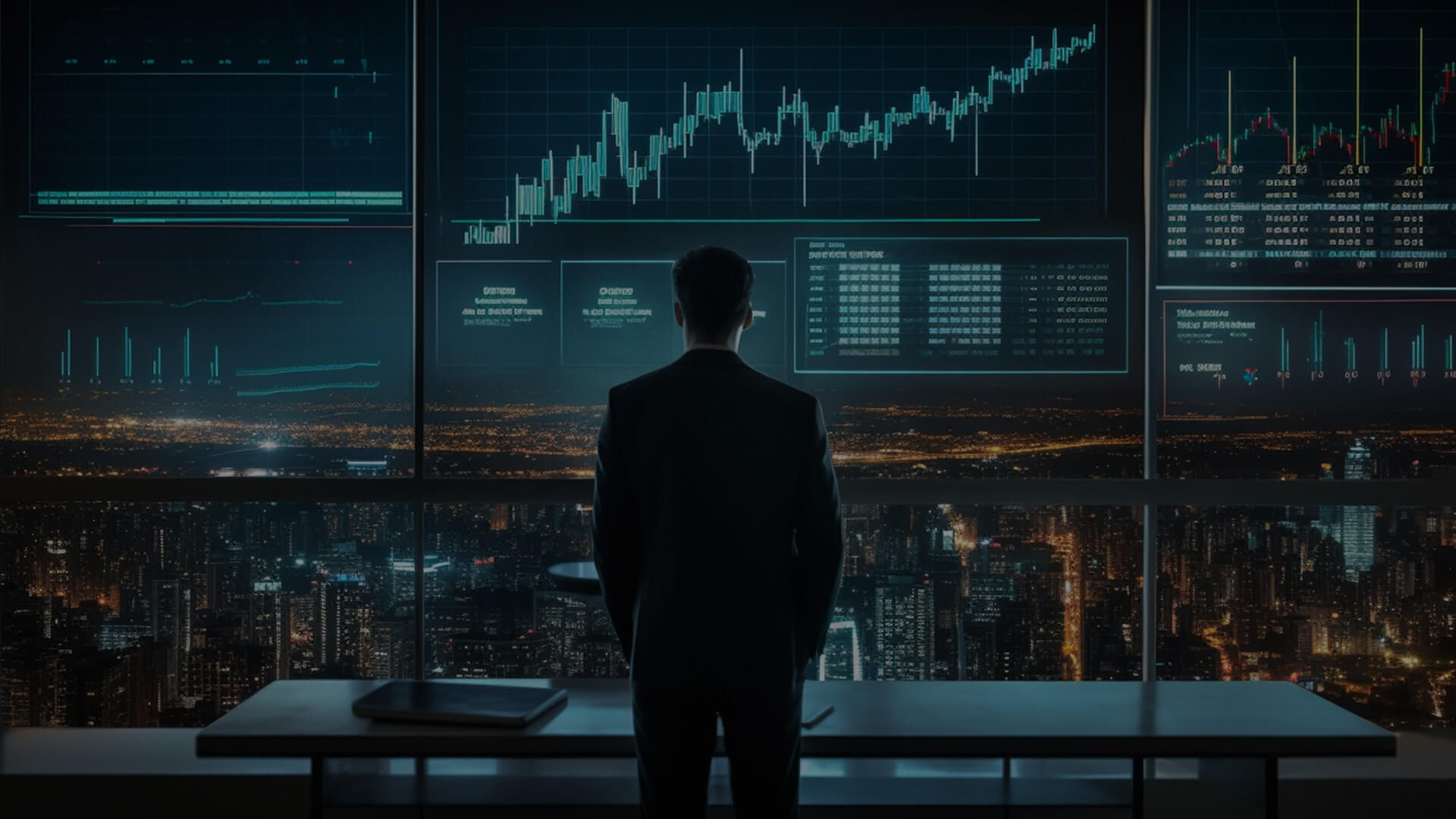 Maximizing ROI with Exela’s Procure to Pay Automation Suite A person in a dark suit stands before a vast array of digital screens displaying complex financial data and graphs. The background showcases a panoramic view of a city at night, with sprawling lights and urban structures, signifying a high-tech, data-driven environment for financial analysis or trading.
