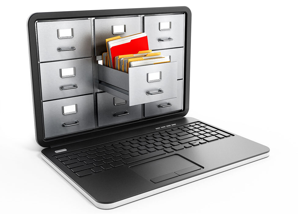 Document Scanning and Digitization: Laptop with image of file cabinets; one file cabinet is sticking out of the image 