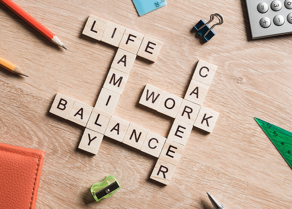 work-life balance | set of scrabble tiles that spell out work, family, balance, life, and career