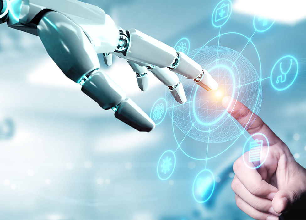A human hand touching an index finger to a robot index finger. 