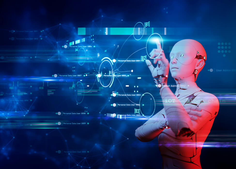 A humanoid robot interacting with a digital interface, highlighting the role of hyperautomation in enhancing AI-driven operations and data management.
