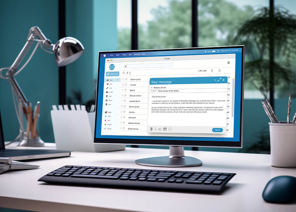 AI in the workplace: An email being composed on a desktop computer in a modern office, representing how AI can assist in communication and administrative tasks.