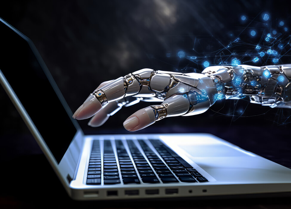 AI in the workplace: A robotic hand typing on a laptop, symbolizing the role of AI in enhancing productivity and efficiency in digital tasks.
