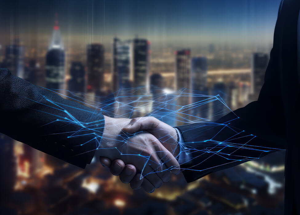 Abstract image of two businessmen shaking hands, superimposed with a blue digital network pattern, symbolizing connectivity and agreement, with a blurry cityscape in the background.