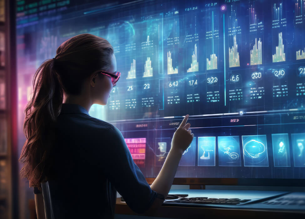 A professional woman in business attire interacting with a futuristic holographic data interface, displaying various graphs and analytics data.