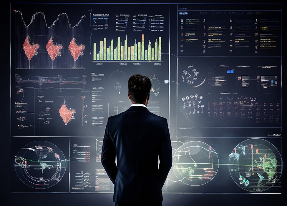 A businessman in a suit analyzing complex data visualizations and global economic models on a large digital touch screen interface in a modern office.