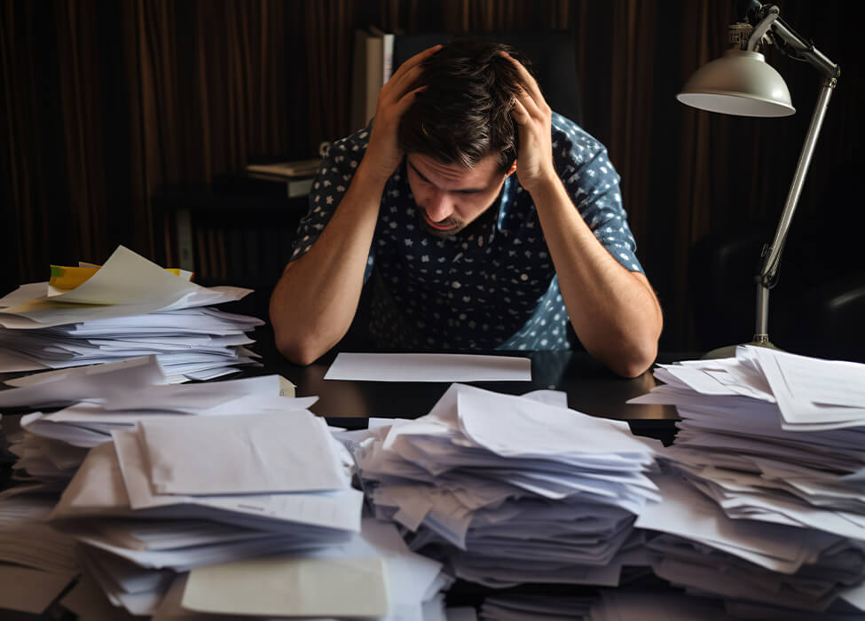 A man holds his head in frustration sitting at a desk filled with papers