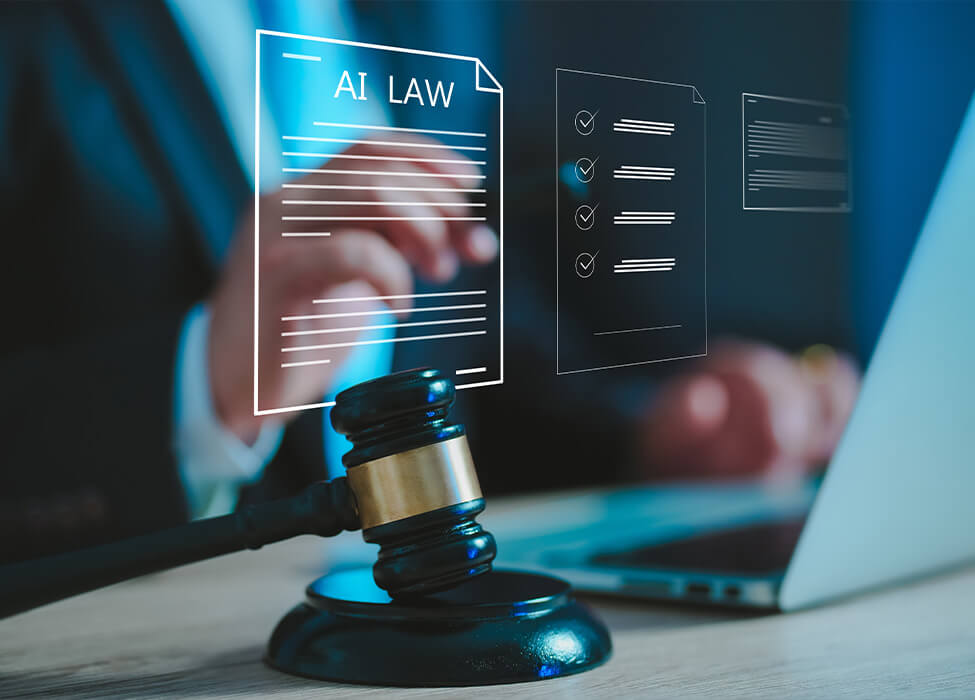 Close-up of a gavel next to a laptop displaying an AI law checklist. The image focuses on the concept of artificial intelligence within the legal field, with digital graphics representing data analysis and legal standards hovering over the laptop screen.