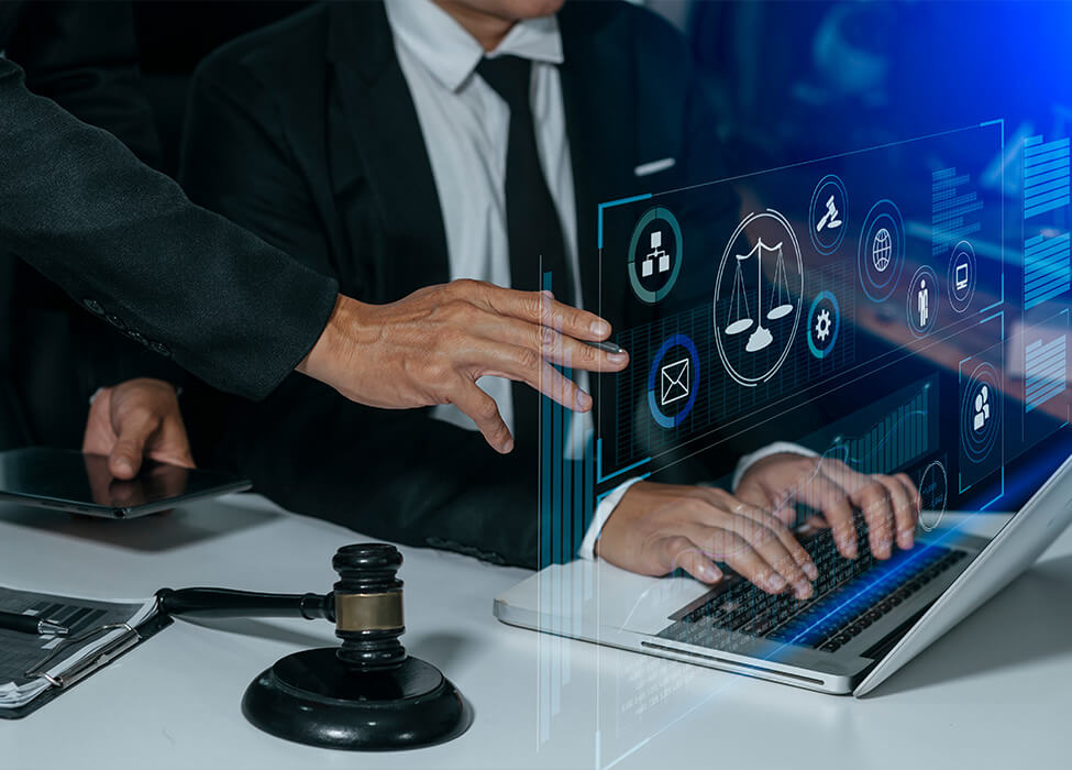 A professional setting where two individuals are interacting over a laptop. The image is infused with futuristic digital graphics symbolizing various legal elements such as justice scales, legal documents, and connectivity networks, suggesting a blend of law and advanced technology.
