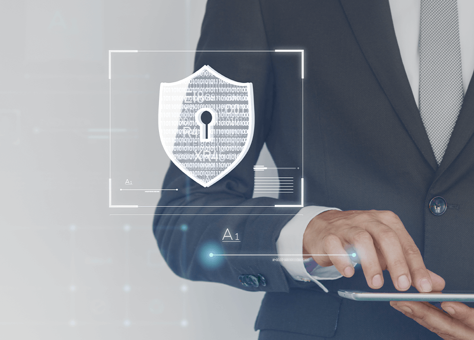 A businessman using a smartphone with a virtual security interface overlay, representing cybersecurity in managed print services.