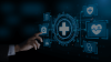 Futuristic healthcare interface with a person interacting with digital icons of health-related documents, secure data, and medical symbols on a dark background.